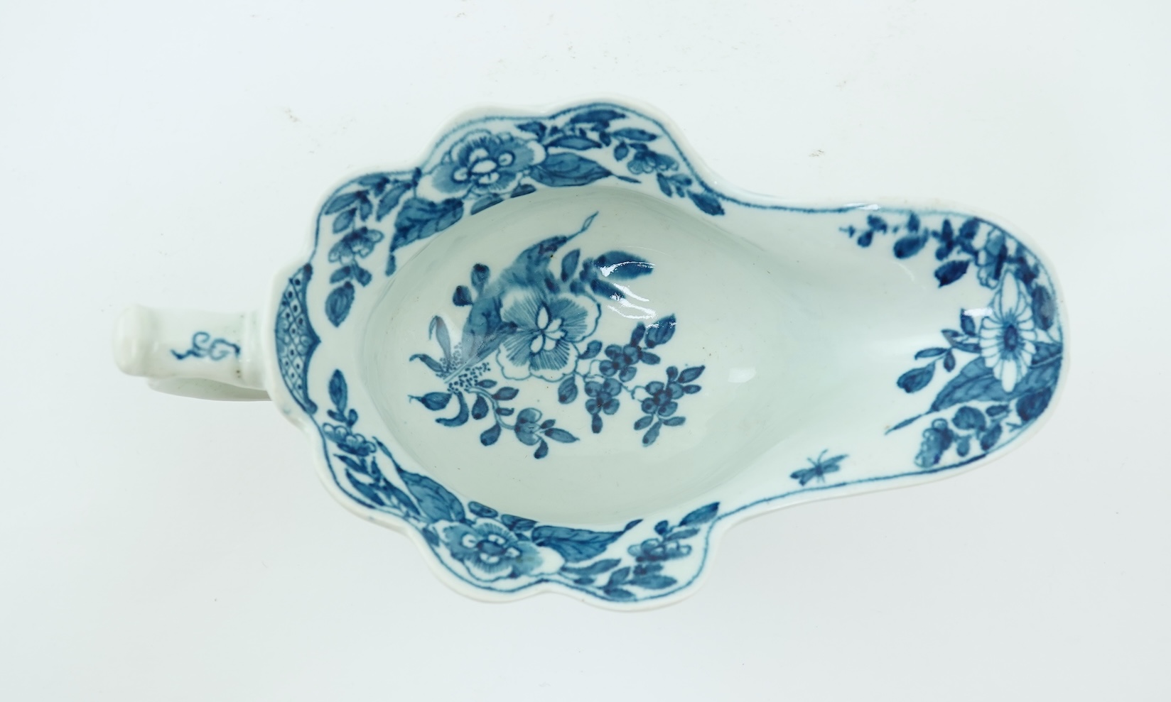 A Worcester blue and white Triangular Platform pattern high footed sauce boat c.1755